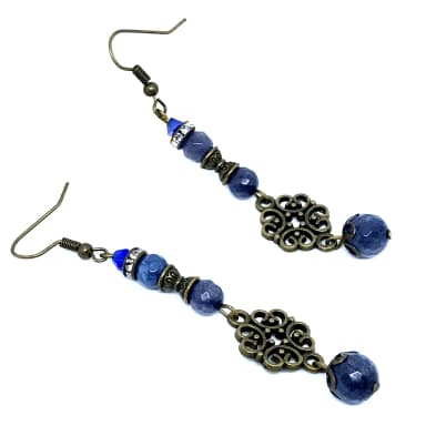 Brinco Vintage Jade Azul Safira Facetada com Gancho Ouro Velho