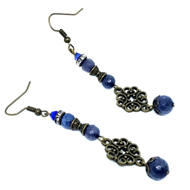 Brinco Vintage Jade Azul Safira Facetada com Gancho Ouro Velho