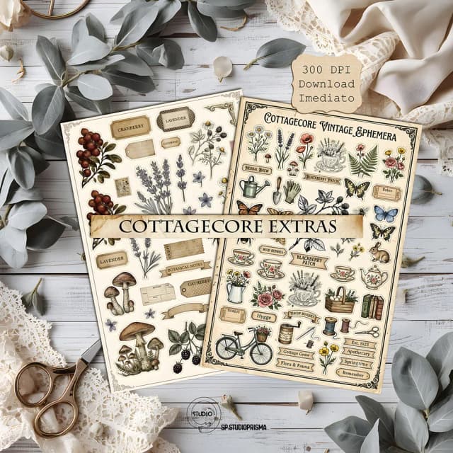 Kit Digital Cottagecore com Elementos Ephemera para Junk Journal e Scrapbook