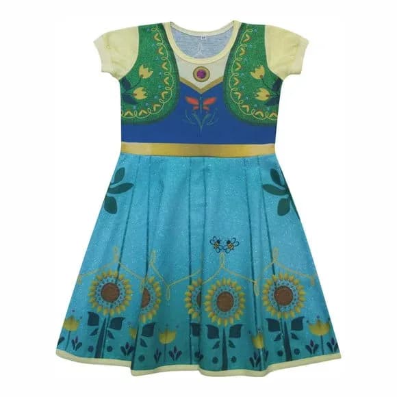 Vestido Infantil Fantasia Princesa da Primavera Azul com Girassóis e Colete Verde