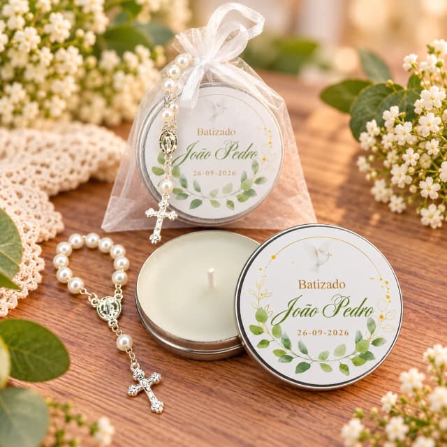 36 unidades Lembrancinha Batizado Vela Aromática na Latinha com Terço e Saco do Organza - Trabalhamos com qualquer tema - Informar o tema no chat