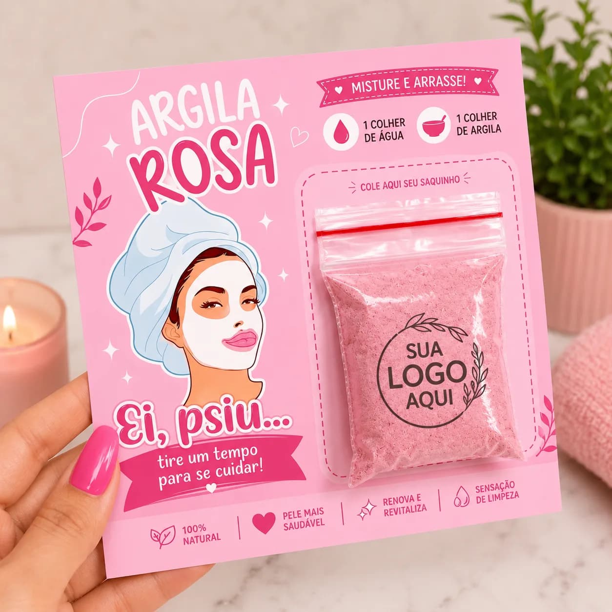 Kit 30 mimo personalizado com sua logo/skincare cartão +sache de argila
