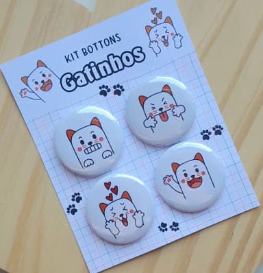 Cartela c/ 04 Bottons Tema Gatinhos Divertidos