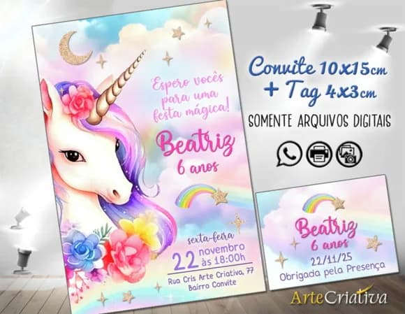 Convite Digital C/tag Unicórnio Candy Color 4