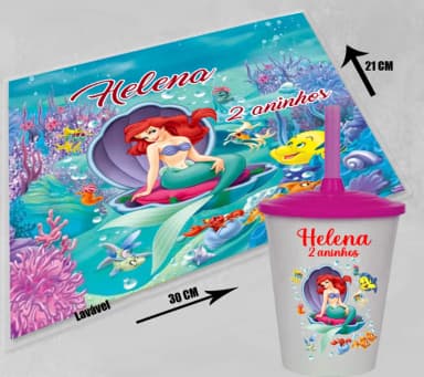 KIt Jogo Americano sousplat+ copo Twister personalizado da Sereia Ariel