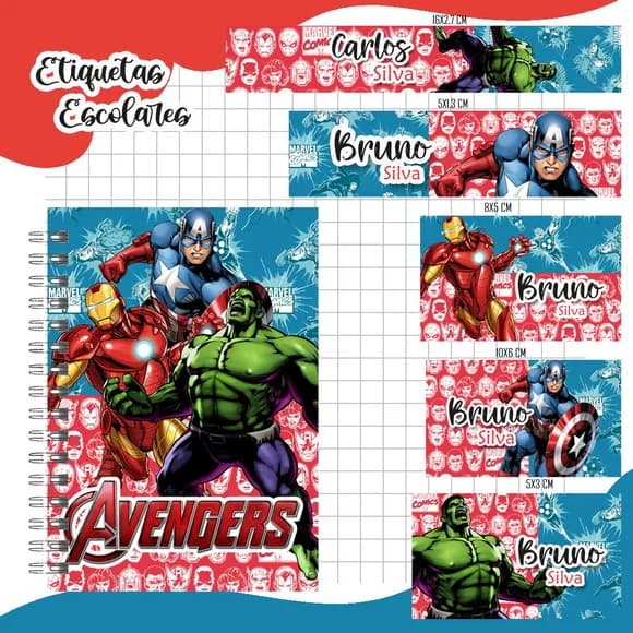 Caderno + Etiquetas + Tag Personalizada + Lápis (vingadores)