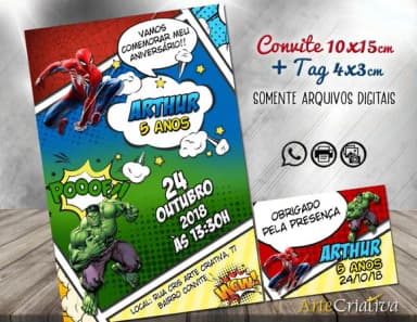 CONVITE DIGITAL C/TAG Cartoon Homem Aranha e Hulk