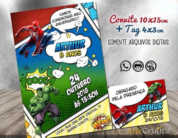 CONVITE DIGITAL C/TAG Cartoon Homem Aranha e Hulk