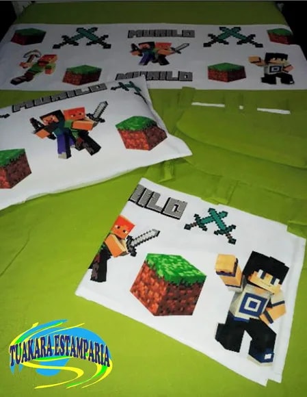 Kit Cortina + Lençol + Fronha Tema Minecraft