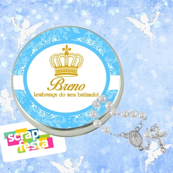 Latinhas Personalizadas Festa Batizado + Mini Terço Branco
